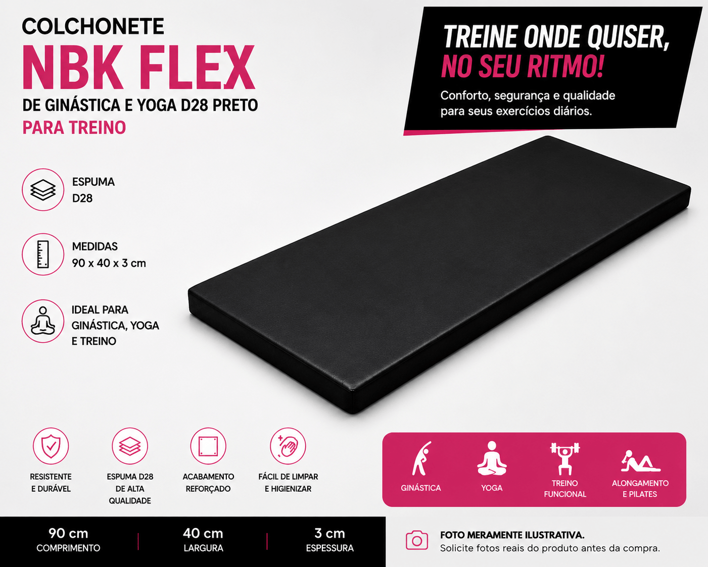 Colchonete Nbk Flex De Ginástica E Yoga D28 Preto Para Treino 90x40x3cm